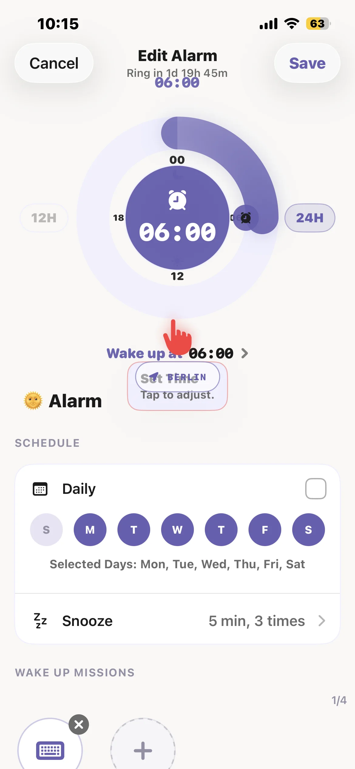 Awake alarm editor with the 6 AM wake-up time