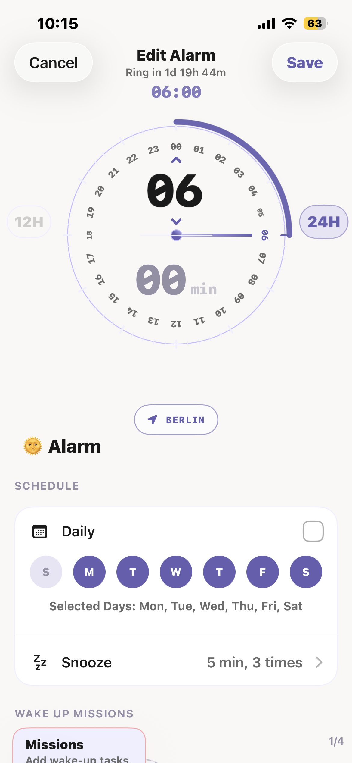 Awake alarm schedule and wake-up mission settings